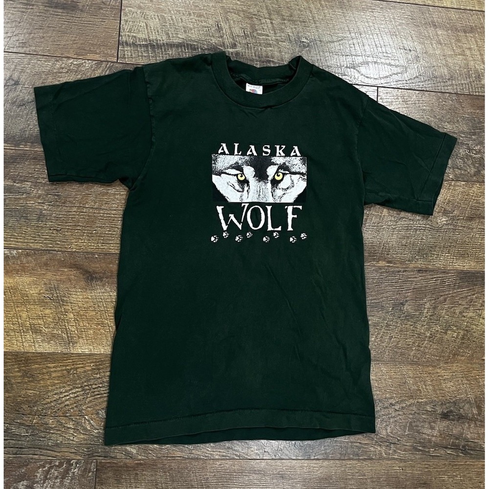 Vintage 90s Alaska Wolf Graphic Tee‎ Single Stitch Shirt Green Youth Large USA
